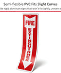 Semi-flexible 12x4 inch PVC Self Adhesive Fire Extinguisher Sign, red-and-white, curved shape for easy installation on uneven surfaces.