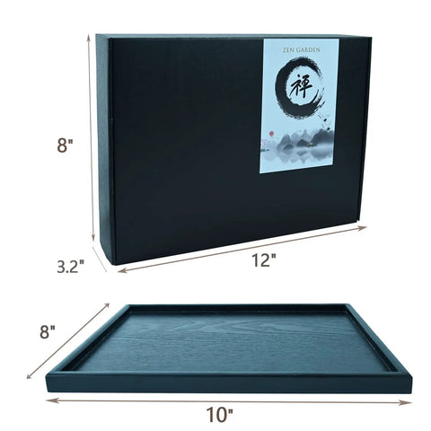Mini Zen Garden Kit With White Sand, 10 By 7 Inch Rectangular Tray And Meditation Accessories in packaging, dimensions labeled