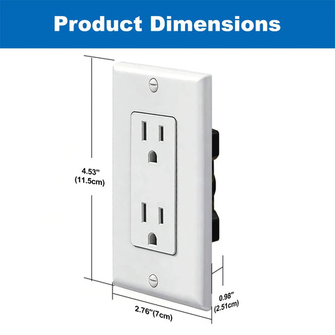 20 Pack Decorator Duplex Outlet, 15 Amp, 125 Volt, Non Tamper Resistant, White Wall Plate Included, UL Listed dimensions