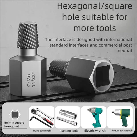 15 Piece Screw Extractor Set For Stripped, Rusted And Broken Bolts And Screws, showing two hex head multi spline removers.