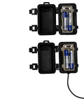Open battery compartments of Battery Powered IR Beam Sensor Animatronic Activator For Halloween Displays With 20 Ft Range.