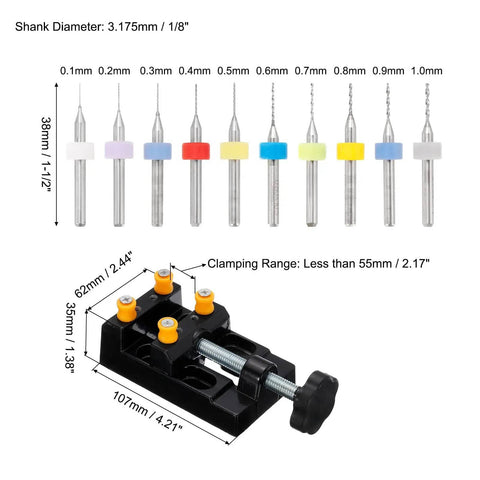 37 Piece Hand Drill Set With Micro PCB Bits 0.1mm To 1.0mm and Mini Twist Bits, shown with a black bench vice, dimensions labeled.