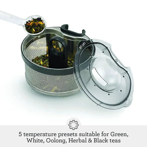 Close-up of a metal and glass auto tea basket for Tea Maker Infuser And Water Kettle 51 Oz Capacity With Programmable One Touch Controls.