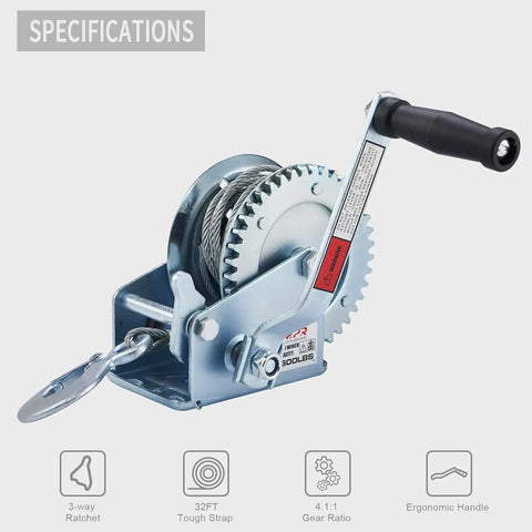 Heavy Duty 1600 Lb Boat Winch With 32 Ft Cable Manual Crank Two Way Ratchet Load Assist Beefy Corrosion Resistant