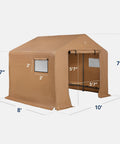 10x8ft Outdoor Storage Shed With Dual Roll Up Doors And Weather Resistant Metal Frame In Tan, side view with dimensions displayed