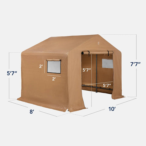 10x8ft Outdoor Storage Shed With Dual Roll Up Doors And Weather Resistant Metal Frame In Tan, side view with dimensions displayed