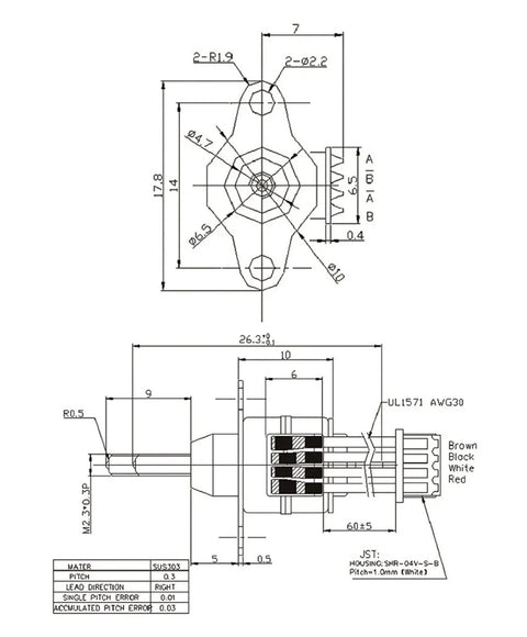 Powerful Tiny 6mm Stroke DC Linear Actuator With 5V 2 Phase 4 Wire Drive For DIY Makers And Robotic Projects Includes 10mm Telescopic Screw Shaft For Precise Smooth Motion In Small Automation. technical drawing of SUS303 M2.3 linear actuator with 4-wire JST connector