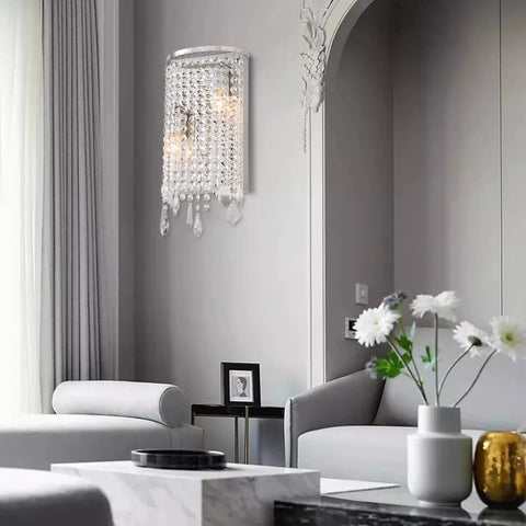 Modern Crystal Wall Sconce With Sparkling Crystal Drops Shade For Living Room Hallway And Bedroom Luxe Chrome Finish Premium K9 Crystal Beads Sleek Ambient Lighting For Home Or Hotel Decor