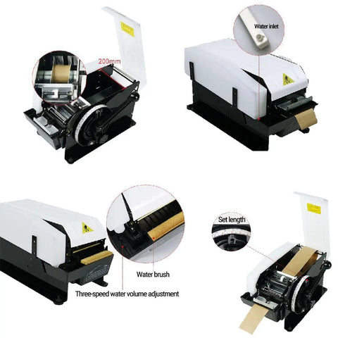Heavy Duty Semi Automatic Gummed Kraft Tape Dispenser Runs Like Clockwork With Zero Plug Hassle Chews Through Packaging Rolls Smoothly For Fast Box Sealing Up To 100 Mm Width Sturdy Reliable with adjustable water brush and settings.