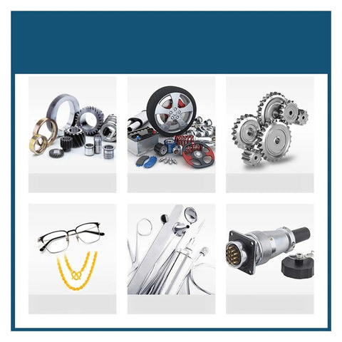 Various items including gears, jewelry, tools, and a car wheel for use with Ultrasonic Cleaner Machine With 1.3L Stainless Steel Tank, Digital Timer And Heater For Glassware Jewelry Watches Parts Degreasing Bath, Easy Touch Key Operation.