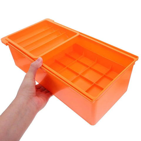 Orange Desk Storage Drawer Box With Three Tier Compartments for Under Desk Organization held in hand, showing interior