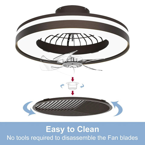 Exploded view of the Smart Ceiling Fan With Lights Remote Control Dimmable LED Lighting 20 Inch Enclosed Bladeless Fan Semi Flush Mount
