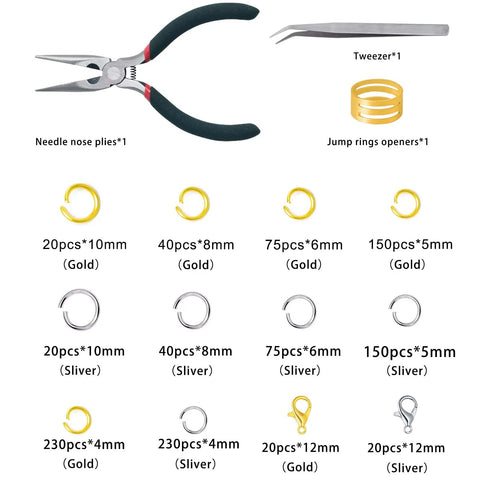 Jump Ring Kit For Jewelry Making With 1200 Open Jump Rings And Clasp Set, Necklace And Bracelet Repair Supplies, Includes Pliers And Tweezers In Gold And Silver; image shows pliers, tweezers, and various gold and silver jump rings.