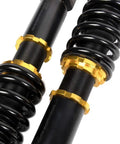 Close-up of Mazda RX-8 Coilovers Struts Kit 2004-2011 Height Adjustable Suspension System showing black springs and gold adjusters.