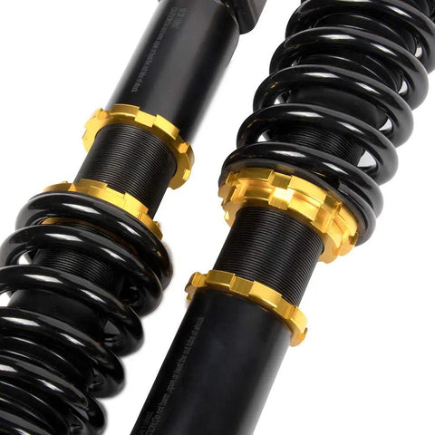 Close-up of Mazda RX-8 Coilovers Struts Kit 2004-2011 Height Adjustable Suspension System showing black springs and gold adjusters.