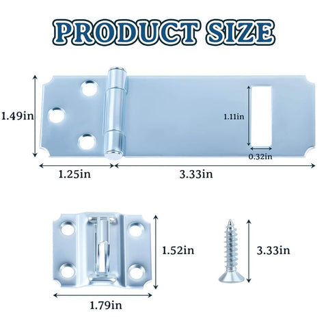 Six Pack Door Hasp And Latch Locks Set Three And One Half Inch Extra Thick Steel Hasp with product dimensions displayed