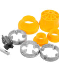 WHAMVOX Alloy Iron Plumbing Threader Tool Set components including yellow plastic pieces and metal dies for 1/2 and 3/4 inch pipes.
