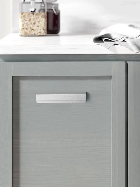 Silver aluminum adhesive cabinet pull on a grey cabinet door showcasing Adhesive Cabinet Pulls 5 Pack 3 To 9 Sixteen Inch Length Covers 3 Inch Hole Center No Drill Finger Pulls Stick On Cabinet Handles For Cabinets Drawers Dressers Cupboards Kitchen Bathroom Vanity Hardware Aluminum Alloy Silver Black Gold
