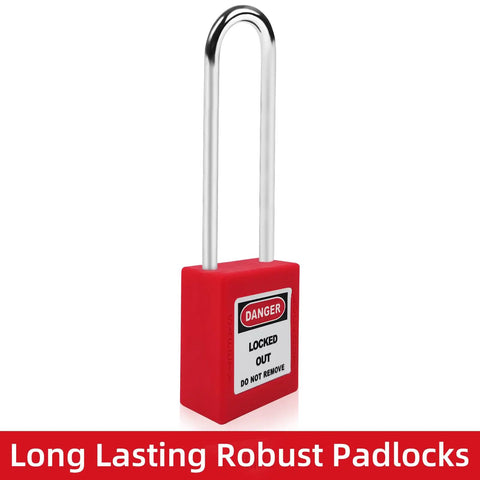 Red Lockout Tagout Padlock Set, 5 Piece Safety Locks Keyed Differently, OSHA Compliant Electrical Lockout Kit With 2 Keys Each, Lightweight Nylon Body Locks For Industrial Safety, featuring a nylon body and non-conductive plastic shackle.