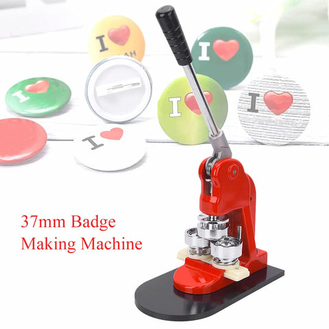 Ycauty 37Mm Button Maker Machine Ergonomic Handle Craft Tool Press Durable Design with colorful badges ready for use.