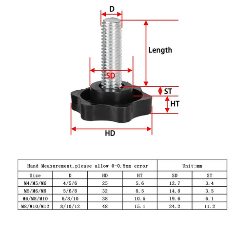 Stainless Steel M4 M5 M6 M8 M10 Plastic Handle Clamping Bolts And Thumb Screw Knobs For DIY Metalworking Projects Plus Heavy Duty Industry Equipment Fastening Hardware Solutions size chart