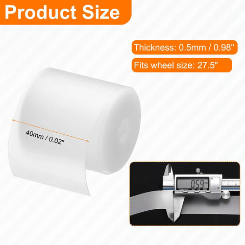 Two Pack PU Bike Tire Liners For 27.5 Inch Tires Puncture Proof Flat Protector, showing dimensions 40mm width, 0.5mm thickness