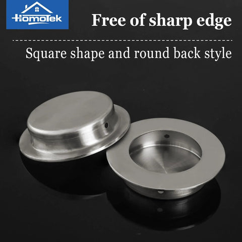 Four Pack Round Sliding Closet Door Handles With Two And A Half Inch Diameter Flush Pocket Recessed Pulls For Bypass Doors In Brushed Stainless Steel Matte Black And Brushed Gold Finishes, showing round stainless steel pulls with square shape and round back style.