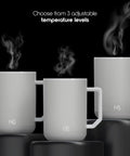 Smart Gravity Sensor Self Heating Coffee Mug With 12 Oz Stainless Steel Insulation And Integrated Charging Coaster, showing 3 mugs with adjustable temperature settings.