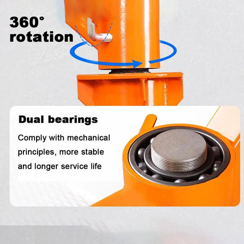 Heavy Duty Electric Hoist Crane With Adjustable Boom And Four Rolling Casters 500Kg Workshop Engine Lifter showing 360 degree rotation and dual bearings.