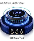 Tattoo Power Supply Box 1.5 To 12V Dual Output With Rotatable Knob And LED Display, blue design shown with voltage knob.