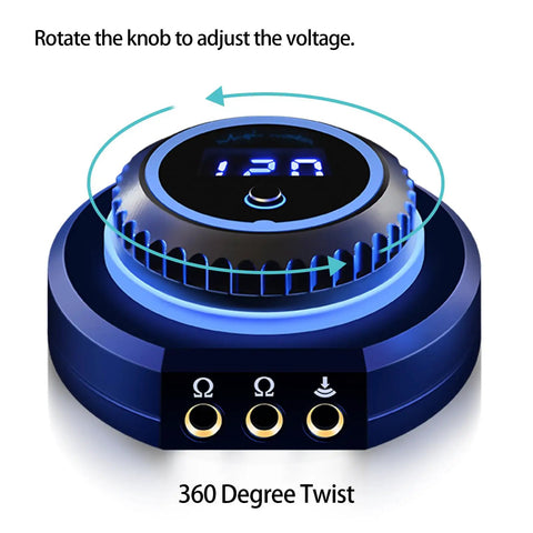 Tattoo Power Supply Box 1.5 To 12V Dual Output With Rotatable Knob And LED Display, blue design shown with voltage knob.