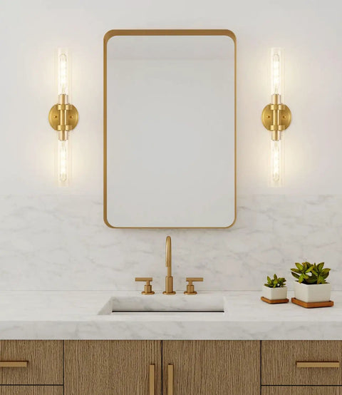 Brushed Gold Bathroom Vanity Light Fixture 2 Light Dope Modern Wall Sconce with Clear Glass Tubes Brass Wall Mount in bathroom