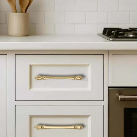18 Inch Hole Center Cabinet Pulls Champagne Bronze Heavy Duty Solid Warm Brass Drawer Handles for kitchens installed on white drawers