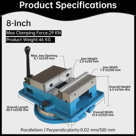 Product specifications of Hardcore Shop Beast 8 Inch Milling Vise With 7.9 Inch Jaw Width And 360 Degree Swivel Base.