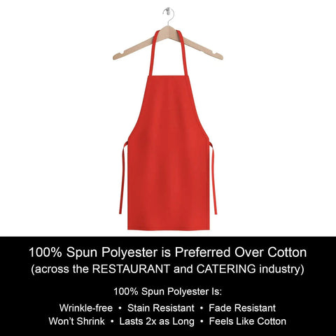 Bulk Pack Bib Aprons For Restaurant Pros, 12 Pack, Long Oversized Unisex Kitchen Aprons, Durable Spun Polyester, Red on hanger