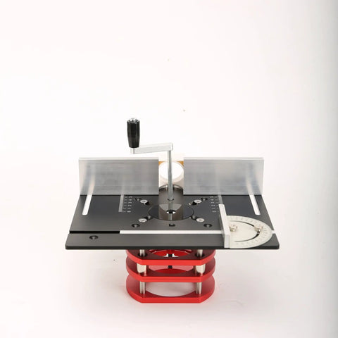 Adjustable Insert Plate Router Lift With Double Stainless Steel Support Rods For 64 To 66 Millimeter Trimming Machine Aluminum Under Table Base Hella Durable Badass Precision Woodworking Upgrade In Vibrant Red, top view showing lift mechanism and aluminum structure.