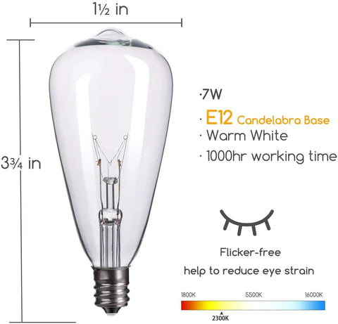 Single bulb from 25 Pack Edison Style Replacement Light Bulbs 7-Watt E12 Candelabra Base ST40 Clear Glass Warm White 2300K