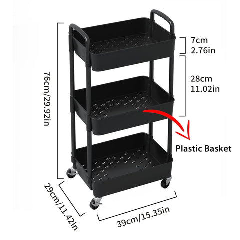 3 Tier Plastic Rolling Utility Cart With Handle For Office Kitchen And Living Room, black trolley on wheels, dimensions labeled