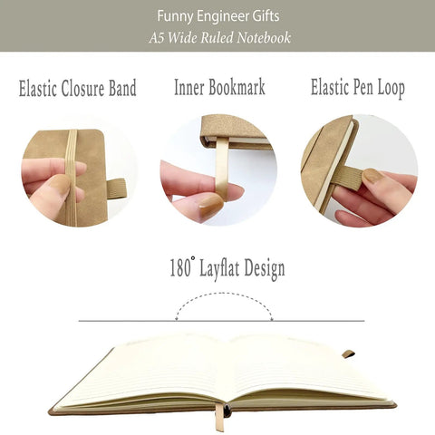 Engineering Nerd Gift Journal For Students And Pros, A5 lined notebook details shown with elastic band, pen loop, and bookmark.