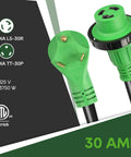 Heavy Duty 30 Amp 50 Foot RV Power Extension Cord With Locking TT-30P Male And L5-30R Female Connectors, Weather Resistant 10 Gauge 3 Wire STW Jacket, Durable Strain Relief For Campsites And RV Parks. Green TT-30P to L5-30R RV power cord connectors.