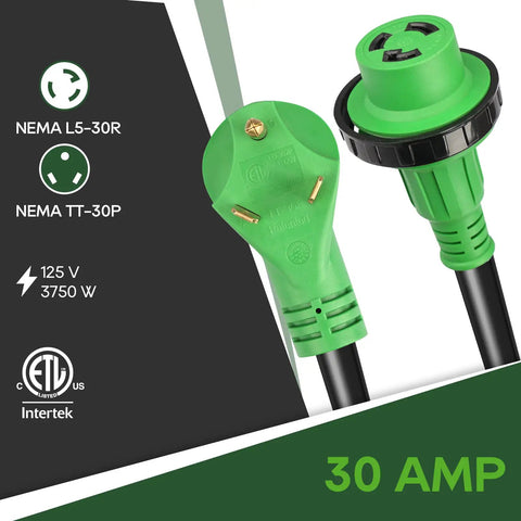 Heavy Duty 30 Amp 50 Foot RV Power Extension Cord With Locking TT-30P Male And L5-30R Female Connectors, Weather Resistant 10 Gauge 3 Wire STW Jacket, Durable Strain Relief For Campsites And RV Parks. Green TT-30P to L5-30R RV power cord connectors.