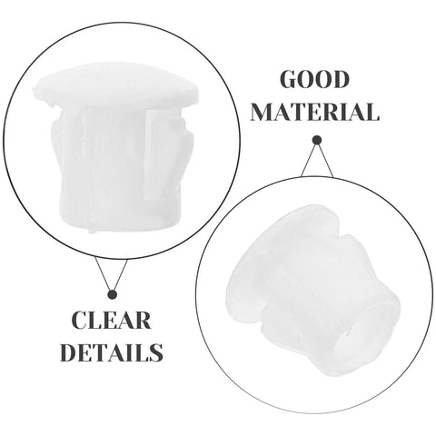 Close-up of White Plastic Hole Plugs 100 Pack Screw Hole Cover Caps For Cabinets And Furniture, showing texture and material.