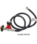 High pressure adjustable propane regulator 0-30 PSI with 48-inch hose for POL tank connection and 3/8 inch female flare fittings.