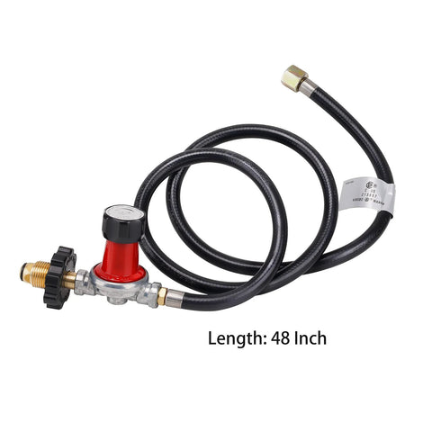 High pressure adjustable propane regulator 0-30 PSI with 48-inch hose for POL tank connection and 3/8 inch female flare fittings.