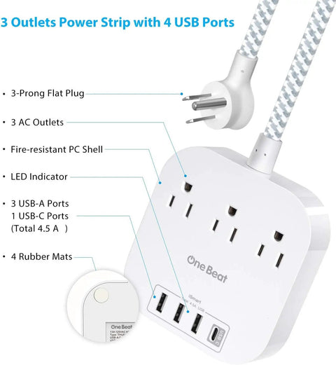 Image of a 10 Foot Long Power Strip With 3 Outlets And 4 USB Ports USB A And USB C Flat Plug ETL Listed Non Surge Protector.