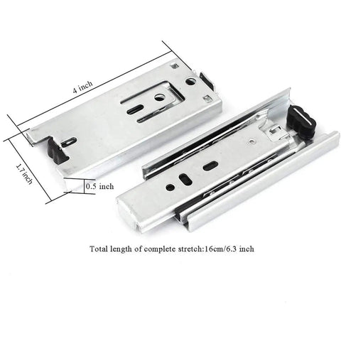 Four Inch Full Extension Drawer Slides Quiet Ball Bearing Upgrade Kit, 1 Pair, silver steel slides with dimensions shown