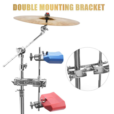 Heavy Duty Drum Clamp Mount With Extension Bar And Quick Release Multi Clamp For Secure Cymbal And Accessory Hooks Rust Resistant Zinc Alloy Build Dual Mount Brackets For Stable Gig Ready Setup on drum stand