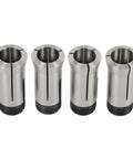 Four collets from the 72 Piece Precision 5C Collet Set Inch Range 1/64 to 1-1/8 Inch With All 1/64 Size Collets, featuring metal finish