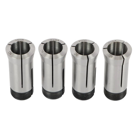 Four collets from the 72 Piece Precision 5C Collet Set Inch Range 1/64 to 1-1/8 Inch With All 1/64 Size Collets, featuring metal finish