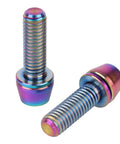 Solid Ride Ready Grade Five Titanium Hex Drive Bolts With Matched Lock Washers M5 X 16 18 20 Millimeter heavy duty fasteners in rainbow finish.
